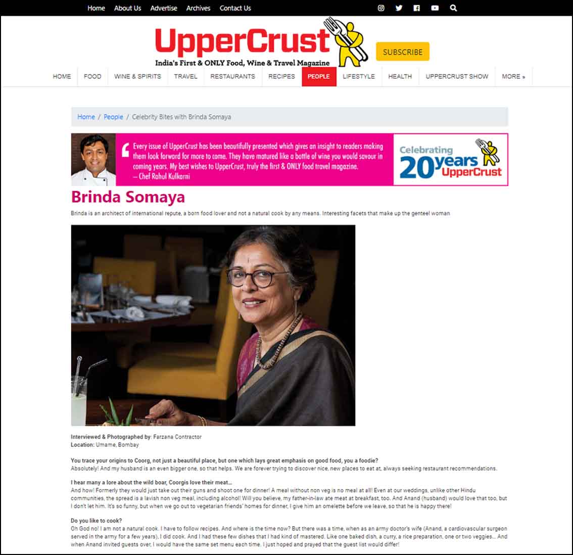 Celebrity bites with Brinda- Somaya, Upper Crust India  - January 2020